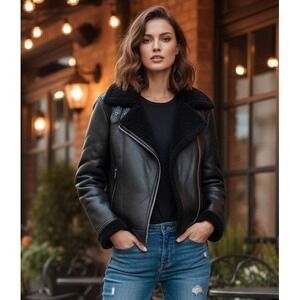 Zara Black Leather Jacket with Shearling Collar